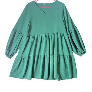 Emerald‎ Green Tiered Babydoll Mini Dress V-Neck Balloon Sleeve western cocktail